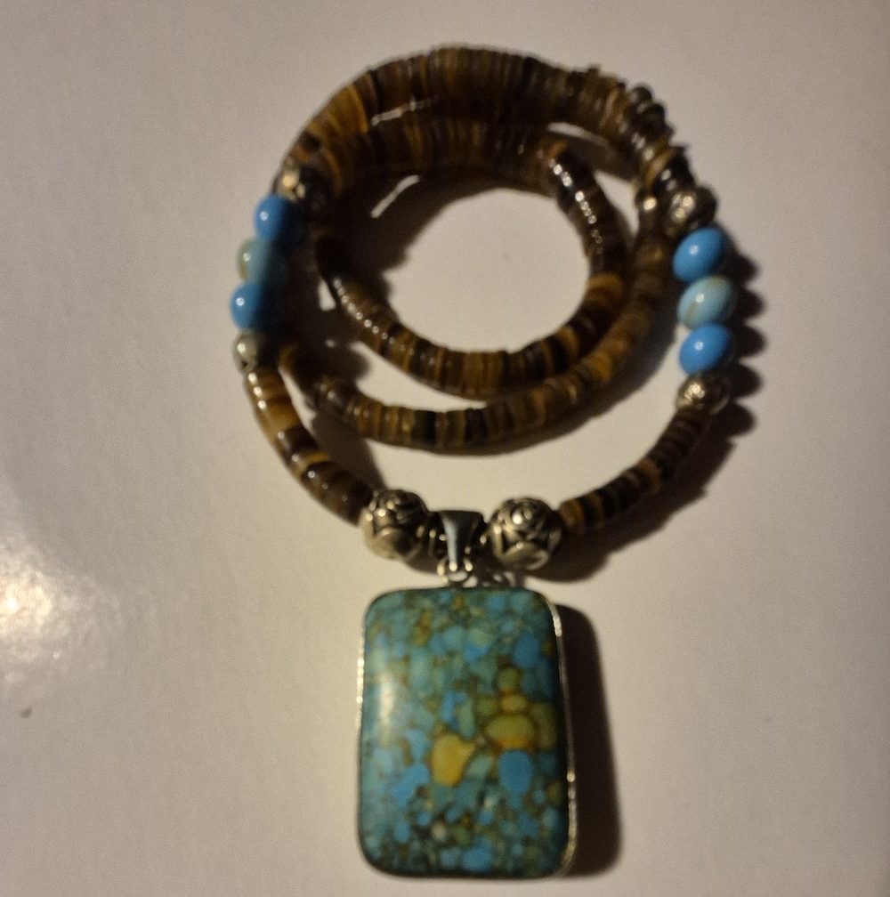 Turquoise and Brown Beaded Necklace With Silver Rosette Accents
